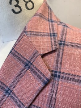 PAUL BETENLY, Dusty Rose Pink, Charcoal Gray, Gray, Wool, Silk, Plaid-  Windowpane, Single Breasted, Notched Lapel, 2 Buttons, 3 Pockets