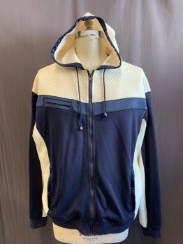 MOGUL, Navy Blue, Off White, Cotton, Color Blocking, Cream Has a Diamond Texture Knit, Zip Front, Drawstring Hood with Navy Satin Trim, Solid Navy Waistband/Cuff