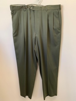 DANIEL HECHTER, Olive Green, Wool, Polyester, Solid, Zip Front, Button Closure, Pleated Front, 4 Pockets, Creased, Open Hem