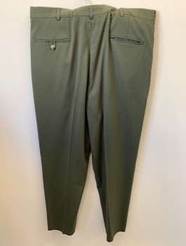DANIEL HECHTER, Olive Green, Wool, Polyester, Solid, Zip Front, Button Closure, Pleated Front, 4 Pockets, Creased, Open Hem
