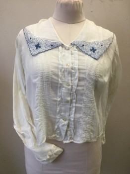 Womens, Blouse 1890s-1910s, N/L, White, Lt Blue, Cotton, Solid, B 36, White Cotton Batiste with Blue Embroidery at Edge of Sailor Like Collar., Button Front, Long Sleeves, Tuck Pleat Front. Large Stains at Back Neck Collar. Twill Tape at Waist Tie,