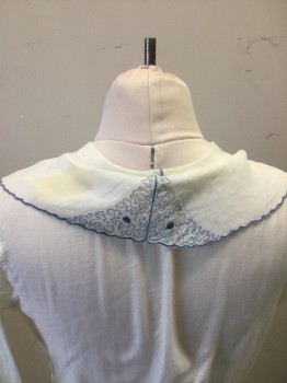Womens, Blouse 1890s-1910s, N/L, White, Lt Blue, Cotton, Solid, B 36, White Cotton Batiste with Blue Embroidery at Edge of Sailor Like Collar., Button Front, Long Sleeves, Tuck Pleat Front. Large Stains at Back Neck Collar. Twill Tape at Waist Tie,