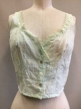 Womens, Camisole 1890s-1910s, Mint Green, Linen, Floral, B32, Button Front, V-neck, Lace Trim, Drawstring Ribbon Neck, Cropped, Slight Discoloration On Right Side, Missing One Button