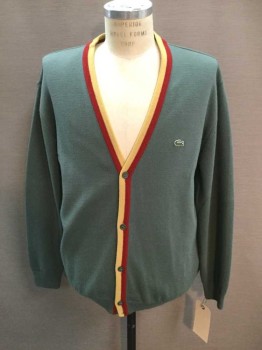 LACOSTE, Olive Green, Wool, Acrylic, Solid, V-neck, Red/Goldenrod Stripe Ribbed Knit Placket, 5 Buttons,