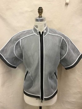 Mens, Jacket, JAMES LONG, White, Black, White Open See Thru Mesh, W/Black Underside Which Is Visible At Hem + Cuffs, Zip Front, Short Sleeve,  Stand Collar, 2 Hip Pockets, White Trim At Seams
