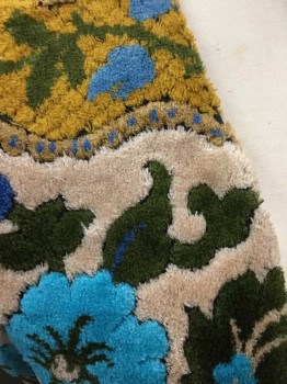 Womens, Vest, N/L, Multi-color, Tan Brown, Turquoise Blue, Olive Green, Mustard Yellow, Floral, Tan W/Olive/Turquoise/Mustard/Etc Floral, Carpet Like Material, Open Center Front With No Closures, Hip Length, Black Lining, Late 1960's To Early 70's