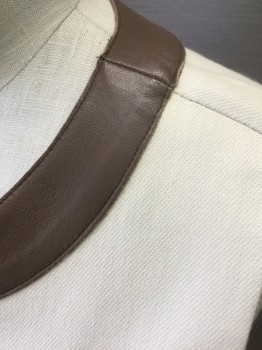 KATE SPADE, Eggshell White, Brown, Cotton, Leather, Solid, Eggshell Substantial Cotton Twill, Sleeveless, with Brown Leather 1" Edging at Round Neck, Form Fitting Bodice with Flared Skirt in Vertical Panels, 2 Side Seam Pockets, Gold Metal Zipper at Center Back, Hem Below Knee  **Barcode is on Pocket Lining