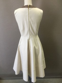 KATE SPADE, Eggshell White, Brown, Cotton, Leather, Solid, Eggshell Substantial Cotton Twill, Sleeveless, with Brown Leather 1" Edging at Round Neck, Form Fitting Bodice with Flared Skirt in Vertical Panels, 2 Side Seam Pockets, Gold Metal Zipper at Center Back, Hem Below Knee  **Barcode is on Pocket Lining
