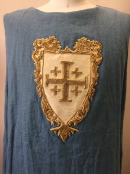 Mens, Historical Fiction Tabard, NO LABEL, Blue, Gold, Cream, Linen, Metallic/Metal, Solid, Novelty Pattern, 50, Blue, Round Neck, Cream Silk with Gold Novelty Embroidery, Sleeveless