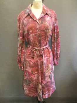 N/L, Pink, Mauve Pink, Green, Fuchsia Pink, Magenta Purple, Polyester, Wool, Abstract , 1/2 Button Front Dress, Long Sleeves, Gathered At Cuff, Pointy Collar Attached, with *Self Belt, Side Belt Loops, Tan Stain On Placket