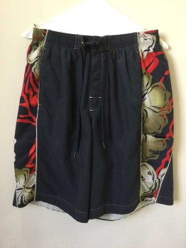 Mens, Swim Trunks, SPEEDO, Navy Blue, Taupe, Red, Lt Gray, Synthetic, Solid, Novelty Pattern, M, Navy with Colorful Novelty Print Sides