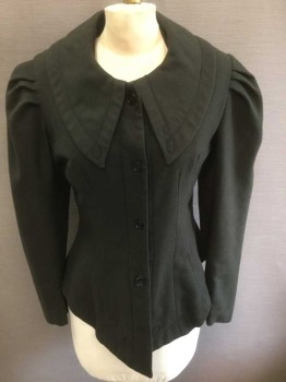 N/L, Olive Green, Black, Wool, Solid, Long Sleeves, 4 Black Button Closures At Front, Round Collar, Black Corded Trim At Collar and Center Front Button Placket, Puffy Sleeves with Pleated Shoulders, Shoulder Pads, Black Lining, Made To Order,