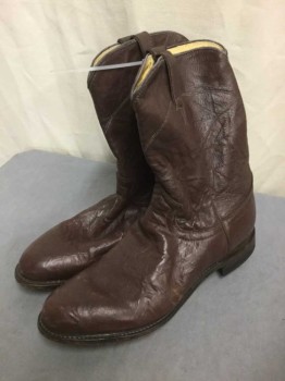 Mens, Cowboy Boots , JUSTIN, Brown, Leather, 10.5, Brown Leather with Black Piping Accents, 1" Heel, **Worn at Toes