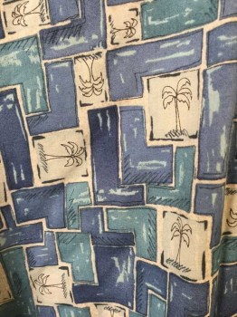 BURMA BIBAS, Blue, Cream, Sea Foam Green, Teal Blue, Cotton, Hawaiian Print, Graphic, Mosaic Palm Tree Print, Short Sleeves, Collar Attached, 1button Down Pocket