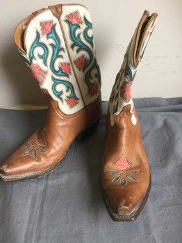 Womens, Cowboy Boots, Lucchese, Brown, White, Turquoise Blue, Coral Orange, Leather, Floral, 6.5, Brown Leather with White Ankle, Floral Turquoise/Coral/green Cutouts