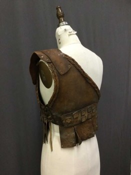 Womens, Sci-Fi/Fantasy Breastplate, M.T.O, Brown, Leather, Metallic/Metal, B 34, XS, Fantasy Roman/Greek Warrior Breast Plate. Molded Leather. Single Left Shoulder Strap with Rusted Metal Studs, Tied with Wang At Left Bust. Square Metal Findings At Waist Front and Back. Soft Leather Skirt To Breastplate, Side Lacing