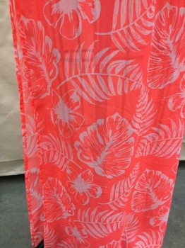 DIVIDED , Neon Pink, Ecru, Polyester, Floral, Sheer Neon Pink W/ecru Hawaiian Floral/leaves Print, W/solid Neon Pink-orange Mini Skirt Lining, 1" Elastic Waistband, Side Split All the Way to Mini Skirt Hem