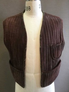 Mens, Vest, N/L, Maroon Red, Polyester, Silk, 44, Ribbed Fill, Open Front, Aged, 3 Pockets