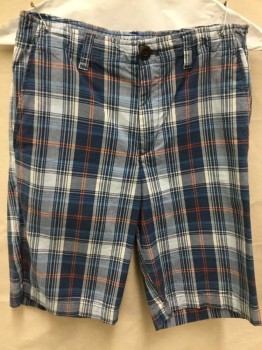 LAND'S END, French Blue, Heather Gray, Orange, White, Navy Blue, Cotton, Polyester, Plaid, Plaid-  Windowpane, Flat Front, Zip Front,