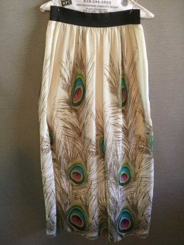 CATCH MY I, Cream, Brown, Teal Blue, Green, Yellow, Polyester, Novelty Pattern, (Double) Cream W/brown, Teal Blue, Green Yellow, Pink Large Peacock Feather Print Sheer W/cream Lining, , 2" Black Elastic Waistband
