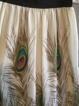 CATCH MY I, Cream, Brown, Teal Blue, Green, Yellow, Polyester, Novelty Pattern, (Double) Cream W/brown, Teal Blue, Green Yellow, Pink Large Peacock Feather Print Sheer W/cream Lining, , 2" Black Elastic Waistband