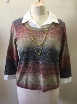ALFRED DUNNER, Brick Red, Tan Brown, Navy Blue, White, Cotton, Acrylic, Ombre, Stripes, 3/4 Sleeve Pullover, White Cotton Collar Dickie/Cuff, Gold Necklace Attached