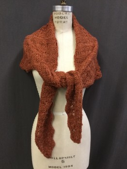 Womens, Shawl 1890s-1910s, N/L, Burnt Orange, Wool, Floral, Triangle of Loosely Knit Boucle Backed with Floral Lace for Stability, Aged/Distressed,
