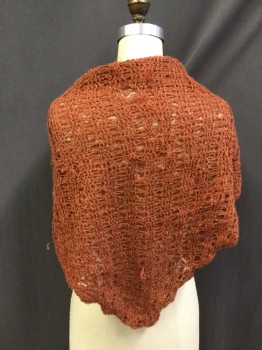 Womens, Shawl 1890s-1910s, N/L, Burnt Orange, Wool, Floral, Triangle of Loosely Knit Boucle Backed with Floral Lace for Stability, Aged/Distressed,