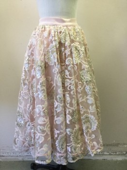 Womens, Dress, Piece 2, BEBE, Blush Pink, Gold, Nylon, Sequins, Solid, Floral, 0, Floral Sequin Gathered Skirt, Solid Blush Waistband, Tulle Fill