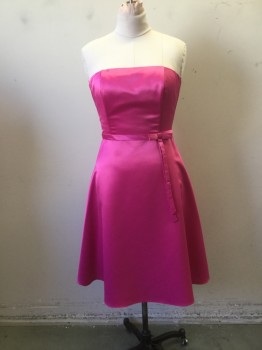 FIESTA, Hot Pink, Polyester, Acetate, Solid, Poly Satin, Strapless Dress, Princess Line with a Line Skirt, Zipper Cb. Self Premade Bow at Faux Belt