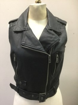 Womens, Leather Vest, HOT TOPIC, Black, Faux Leather, Solid, S, Biker Style, Zip Front, Silver Zippers/Hardwear, **2 Piece: Comes with Matching Self Material BELT with Silver Buckle