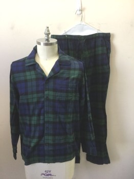 J. CREW, Navy Blue, Dk Green, Black, Cotton, Plaid, Flannel, Long Sleeve Button Front, Rounded Notch Lapel with Navy Piping Trim, 1 Pocket
