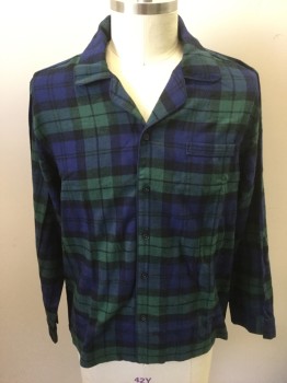 J. CREW, Navy Blue, Dk Green, Black, Cotton, Plaid, Flannel, Long Sleeve Button Front, Rounded Notch Lapel with Navy Piping Trim, 1 Pocket