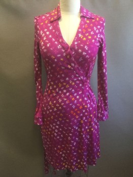 DVF, Magenta Pink, Multi-color, White, Yellow, Lilac Purple, Silk, Floral, Magenta Pink-Purple with Yellow/Orange/White/Lilac Flowers Pattern, Silk Jersey, Long Sleeves, Collar Attached, Wrap Dress, Knee Length