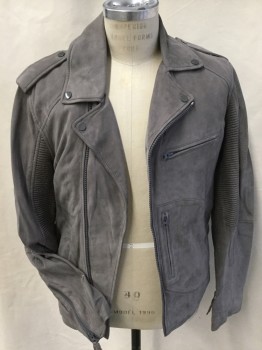 DENIM & LEATHER, Warm Gray, Suede, Solid, Notched Lapel with Snap Buttons, Epaulettes, Off Side Zip Front, 4 Pockets, Long Sleeves with Horizontal Quilt Under arms Work Detail and Zip Cuffs, Vertical Quilt Bottom Back with 2 Zippers