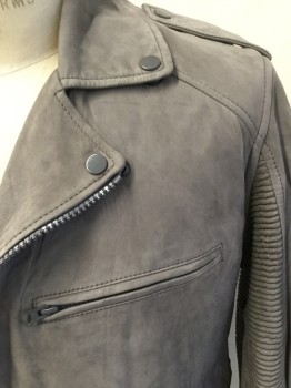 DENIM & LEATHER, Warm Gray, Suede, Solid, Notched Lapel with Snap Buttons, Epaulettes, Off Side Zip Front, 4 Pockets, Long Sleeves with Horizontal Quilt Under arms Work Detail and Zip Cuffs, Vertical Quilt Bottom Back with 2 Zippers