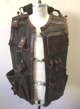 Mens, Vest, N/L, Dk Olive Grn, Brown, Black, Cotton, Leather, S/M, Dusty Brown Heavy Canvas/Duck, with Black Leather Pockets/Compartments, and Brown Leather Edging and Straps, Silver Lobster Clasps and O Rings at Center Front, Aged Throughout