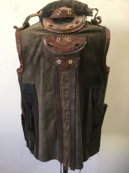Mens, Vest, N/L, Dk Olive Grn, Brown, Black, Cotton, Leather, S/M, Dusty Brown Heavy Canvas/Duck, with Black Leather Pockets/Compartments, and Brown Leather Edging and Straps, Silver Lobster Clasps and O Rings at Center Front, Aged Throughout