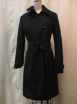 CALVIN KLEIN, Black, Polyester, Solid, Black, Dbl Breasted, 10 Buttons, Collar Attached, Belt