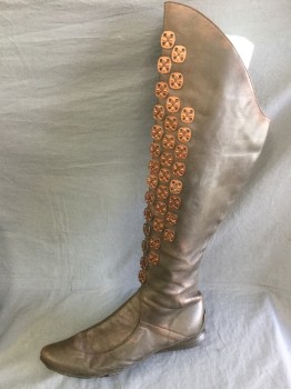 Womens, Sci-Fi/Fantasy Boots , MTO, Brown, Copper Metallic, Leather, 10, Made To Order, Knee High, Copper Plates Sewn On with X, Zipper, Multiples,
