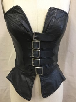 CATHERINE COATNEY, Black, Leather, Solid, Black Leather Corset, Strapless, 5 Short Belt with Silver Buckle Front Center, the Last Strap on the Bottom--partly Ripped