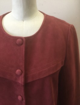 BA&SH, Maroon Red, Suede, Solid, Goat Suede, Snap Front with Decorative Self Covered Buttons, Horizontal Pleat Across Bust, Round Neck, Maroon Cotton Lining