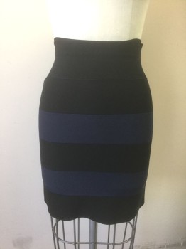 BCBG MAX AZRIA, Black, Navy Blue, Rayon, Nylon, Stripes - Horizontal , Stretchy Body-Con Skirt with Horizontal Panels of Black and Navy Alternating, Hem Mini