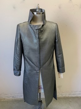 Mens, Coat, MTO, Silver, Synthetic, Metallic/Metal, Chevron, 42, Puckered or Textured Chevron Like Pattern, Zip Front, Stand Collar