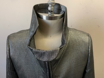 MTO, Silver, Synthetic, Metallic/Metal, Chevron, Puckered or Textured Chevron Like Pattern, Zip Front, Stand Collar