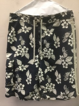 ABERCROMBIE, Navy Blue, White, Lt Gray, Nylon, Hawaiian Print, Floral, Navy with White and Gray Hibiscus Flowers, Light Gray Cord Ties at Waist, Gray Outseam Stripe, 10" Inseam