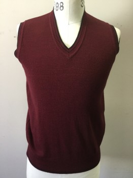 N/L , Maroon Red, Black, Cashmere, Wool, Heathered, Ribbed Knit V-neck/Armholes/Waistband with Black Stripes