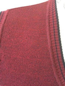 N/L , Maroon Red, Black, Cashmere, Wool, Heathered, Ribbed Knit V-neck/Armholes/Waistband with Black Stripes