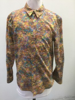 N/L, Multi-color, Cotton, Abstract , Boys, Multicolor Paint Splatter/Static Pattern, Long Sleeve Button Front, Collar Attached, Made To Order