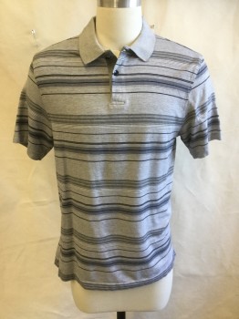 TASSO ELBA, Heather Gray, Black, White, Cotton, Stripes, Dotted Stripes, Short Sleeves, Gray/White Ribbed Knit Collar Attached, 2 Button Placket